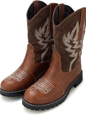 Women's Mid Calf Western Cowboy Cowgirl Boot Round Toe Embroidered Boots Brown